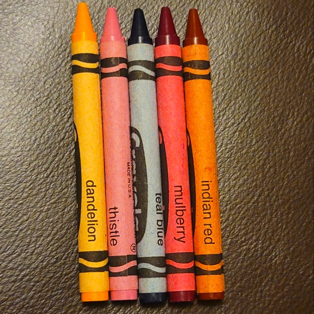 5 Retired Crayola Crayons UNUSED Perfect Condition dandelion thistle mulberry
